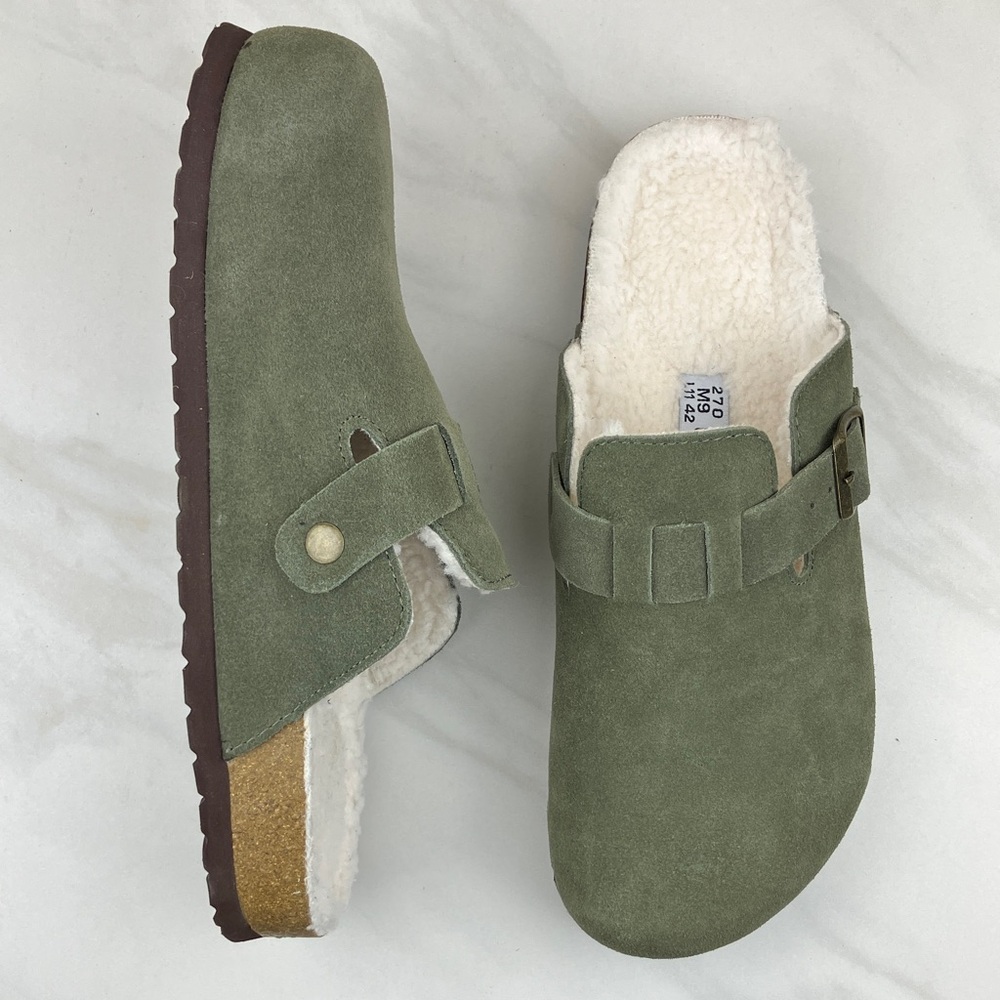 Cushionaire Haze Fur Suede Clogs UNISEX Green Leather Mules NWT